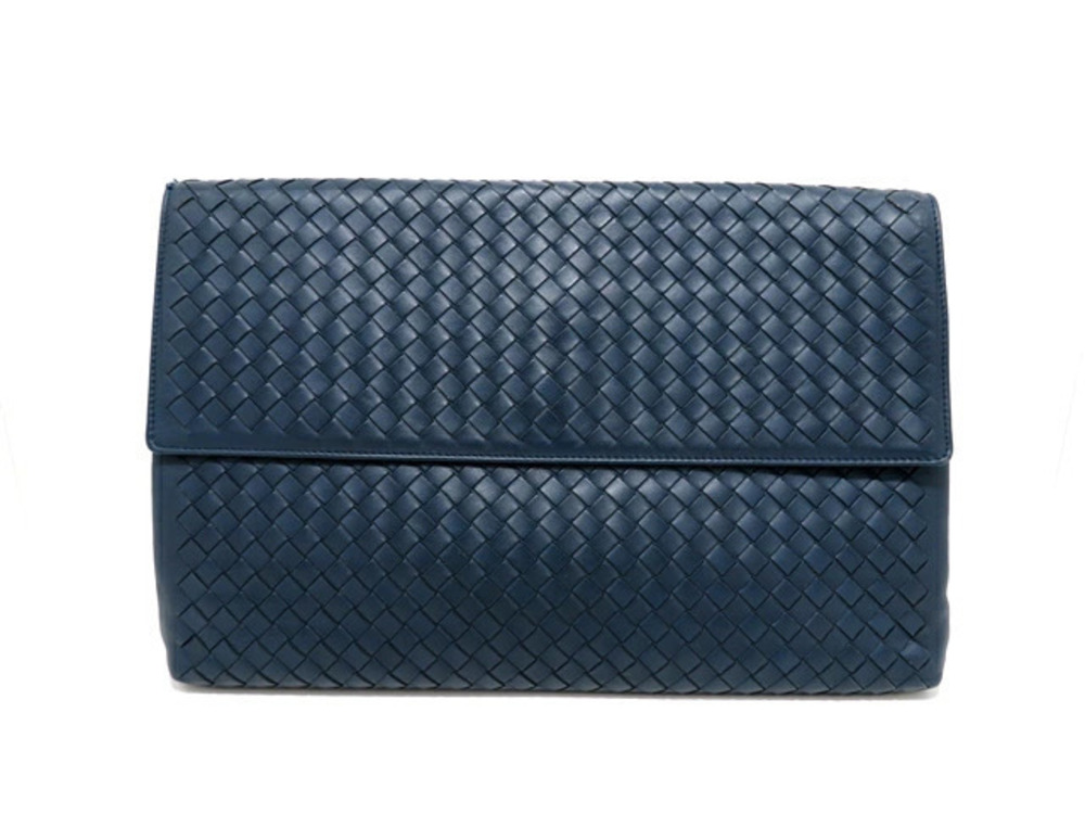 Bottega Veneta Blue Calfskin Intrecciato Shoulder Bag Clutch Navy Blue